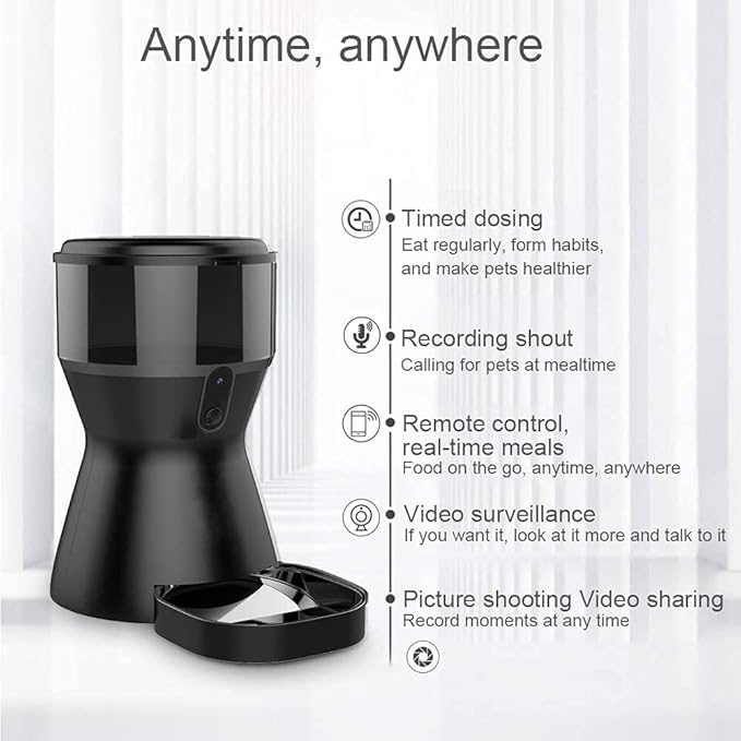 Automatic Pet Feeder, 4L Smart Pet Feeder Food Dispenser, HD Camera Video Recording, App Control for iPhone and Android, for Cat Dog (Black)