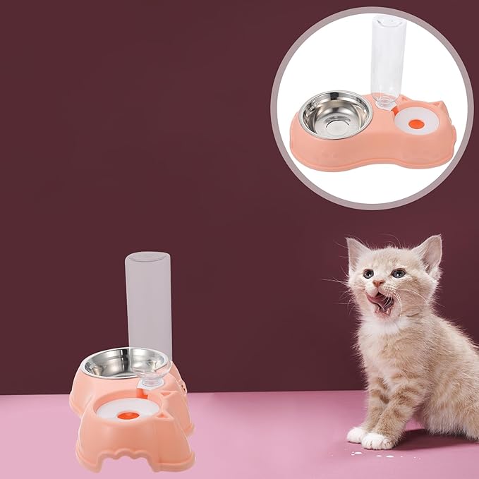 Automatic Pet Food and Water Dispenser Double Bowl Detachable Feeder Pink for Cats and Dogs, Pet Feeding Tool with Water Bottle, Suitable for Home Use