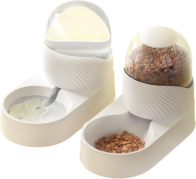 Automatic Dog Cat Feeder and Water Dispenser Set, Large Capacity 2L Gravity Pet Food Feeder Dog Water Bowl Dispenser, Easily Clean Self Feeding for Small Large Pets Dogs Cats (White)