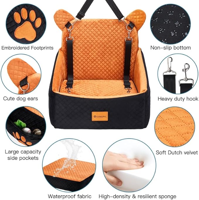 Dog car Seats for Small/Medium Dogs up to 33lbs- Washable, Waterproof, Dog Booster & car Seats with 2 Easy-Install Safety Belts, Non-Slip Base & Storage Pocket(Brown Black).