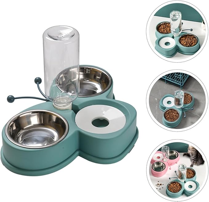 POPETPOP Automatic Pet Feeder and Waterer Set with 720ml Stainless Steel Bowls, Anti-Skid Design for Cats and Dogs, Multi-Function Household Puppy Feeding and Drinking Accessory