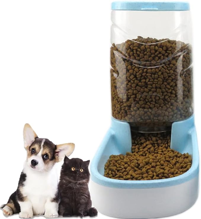 Automatic Cat Feeder Gravity Dog Feeder 1 Gallon Pet Feeder, Self-Dispensing Pet Feeder Bowl for Small and Medium Sized Pets Large Capacity (Blue)