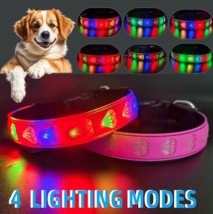 Customlized USB-C led Light up Night Walking Dog Collar with Waterproof airtag Holder, 4 Modes Running Flashing Light (Pink, XL(19.7-23.6"))