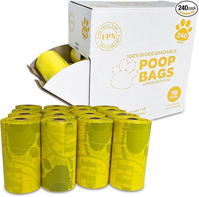 FPN Dog Poop Bags – 16 Rolls - 240 Bags, 13″ x 9″, Fits Most Dispensers –Biodegradable, Leak-Resistant & Earth-Friendly Pet Waste Bags (Lemon)