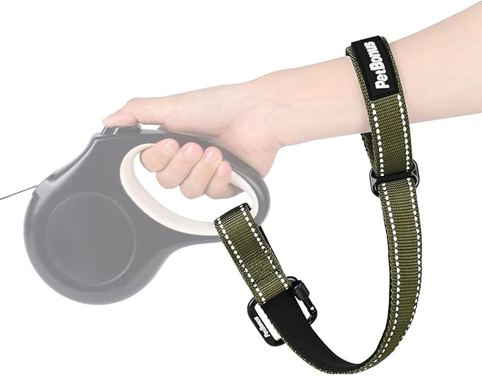 PetBonus Dog Leash Wrist Strap, Safety Strap for Retractable Leash, Lockable Reflective Short Dog Walking Lead with Adjustable Soft Padded Handle, Extra Layer Security for Pet Stroller (Army Green)