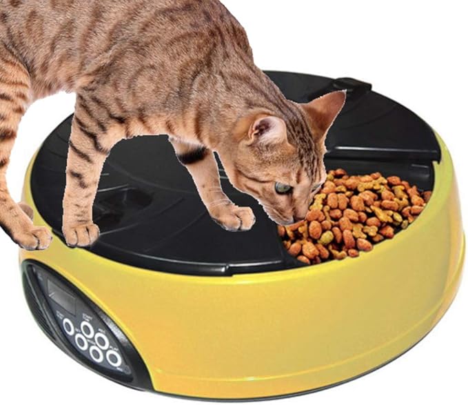 6 Meal Automatic Pet Feeder with Programmable Timer,Food Dispenser,Portion Control,with Voice Remind,LCD Smart Self Feeder for Cats Dogs and Rabbits,Yellow