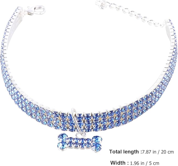 GLEAVI Rhinestone Pet Dog Collar with Adjustable Buckle, Crystal Blue Small Size Collar for Dogs, Luxury Shining Bone Pendant Necklace for Pet Supplies