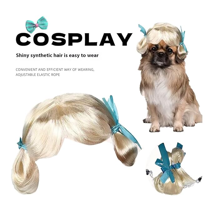 Pet Wig for Dogs and Cats, Realistic Adjustable Costume Wig with Simulated Hair for Small Medium Large Pets, Halloween Cosplay Party Photo Shoot Fun Accessory (Beige)