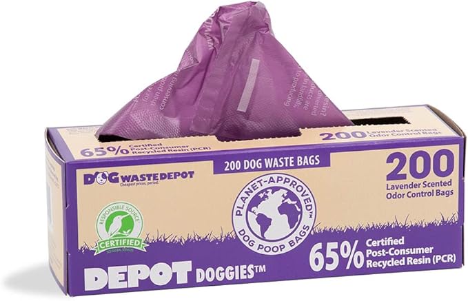 Dog Waste Depot® Depot Doggies™ - Purple - Lavender Scented - 65% (PCR) Post Consumer Recycled Dog Waste Roll Bags - 50% thicker than competitor, fits the House dispenser (10 Rolls = 2000 bags)