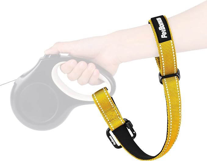 PetBonus Dog Leash Wrist Strap, Safety Strap for Retractable Leash, Lockable Reflective Short Dog Walking Lead with Adjustable Soft Padded Handle, Extra Layer Security for Pet Stroller (Yellow)