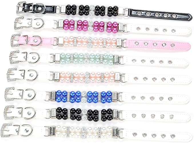 Black Pearl Dog Collars for Small Dogs, Beaded Cat Collar Leash Set Leather Puppy Necklace with Crystal Rhinestone Diamond for Girl Kitten XXSmall Small Medium Dogs Wedding & Birthday, XXS