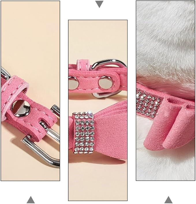 Pet Dog Collar Rhinestone Bowknot, Pink XXS 25X1.5Cm Microfiber Adjustable Outdoor Collar for Puppies and Small Dogs