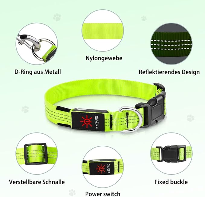 Light Up Dog Collars - USB Rechargeable Reflective LED Dog Collar, Water-Resistant Glow Pet Collar Lights for Night Walking Camping (Green, Medium)
