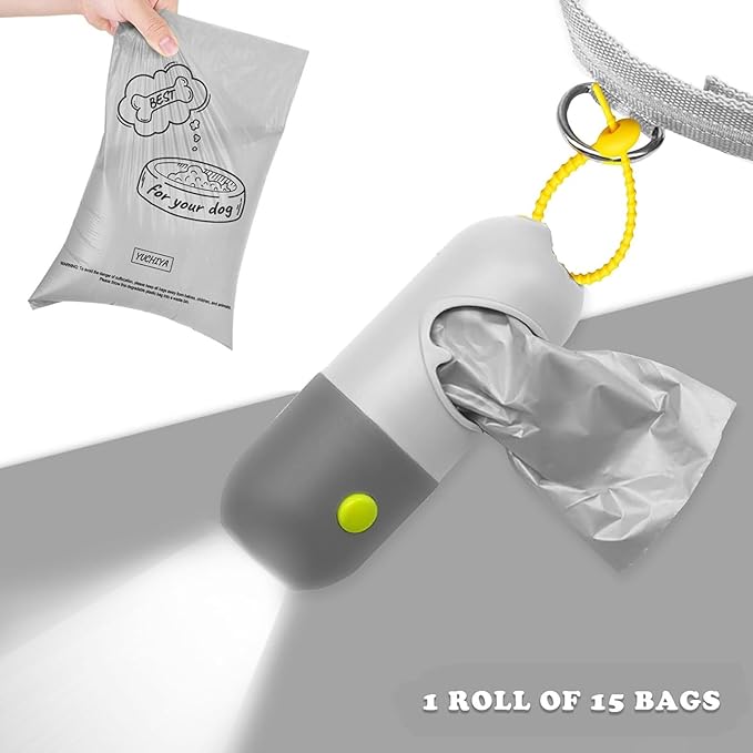 Dog Poop Bag Dispenser with Flashlight|Holder with Leash Clip|Hands-Free Leash Poop Bag Holder with Straps and 1 Roll Dog Waste Bags (Light Gray,1 Holder 195 Bags)