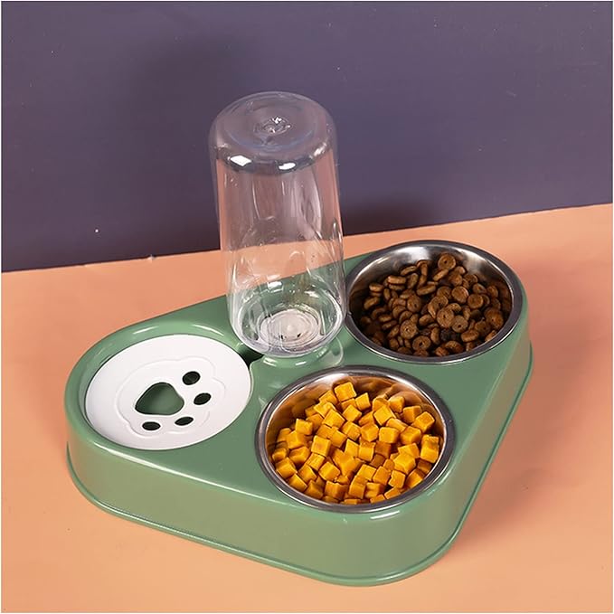 Pet Cat Bowl Automatic Dog 500ML Water Bottle Food Stainless Steel Double 3 Bowls Accessories(Green,L-37.5x30x30cm)