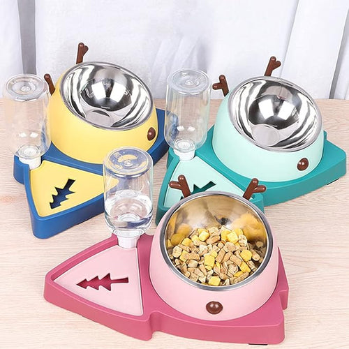 3 in 1 Pet Tableware Dog Food Bowl Automatic Waterer Tilted Elevated Stainless Steel Bowl with Slow Feeder 3 Colors Pet Automatic Feeder and Waterer