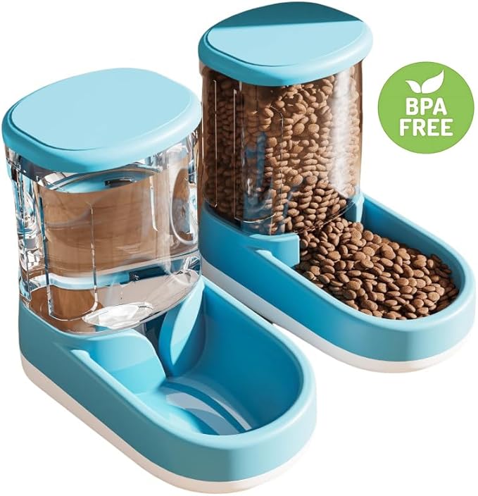 Gravity Pet Feeder & Water Dispenser Set (2Pcs), 1 Gallon Large Capacity Auto-Fill Top Fill Dog Cat Bowl, Fully Transparent Food Container with 6° Tilted Base for Healthy Feeding (Blue)