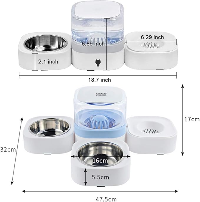 2 in 1 Pet Automatic Water Dispenser and Food Bowl Set, Durable & Detachable Stainless Steel Feeder Bowl,No-Spill Self-Dispensing Gravity Waterer for Small Dogs and Cats1.8L