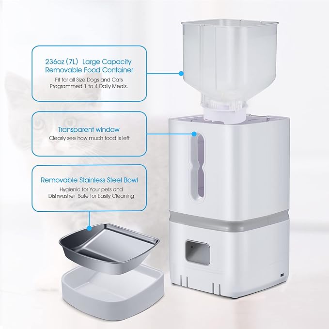 Automatic Dog Feeder Cat Feeder Pet Dry Food Dispenser,7L Auto Feeder for Cat & Small Dog, Portion Control & Voice Recording,4 Meals Per Day with Stainless Steel Bowl,Dual Power Supply