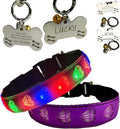 LED Dog Collar with Diamond Pattern, 15 Light Modes, with Bonus Pet ID Tag and Bell (Purple Pro, S(7.87-11.8"))