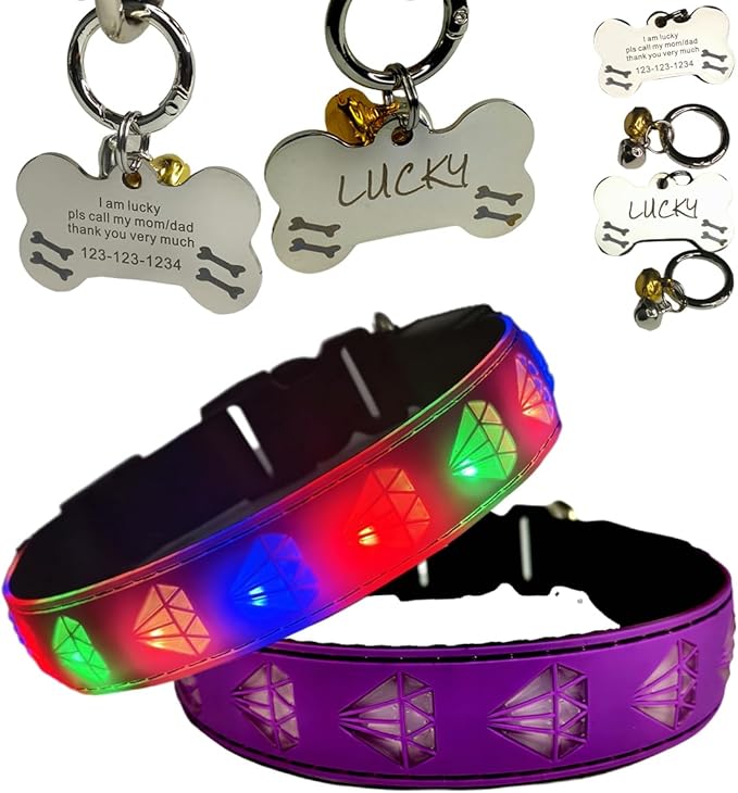LED Dog Collar with Diamond Pattern, 15 Light Modes, with Bonus Pet ID Tag and Bell (Purple Pro, XL(19.7-23.6"))