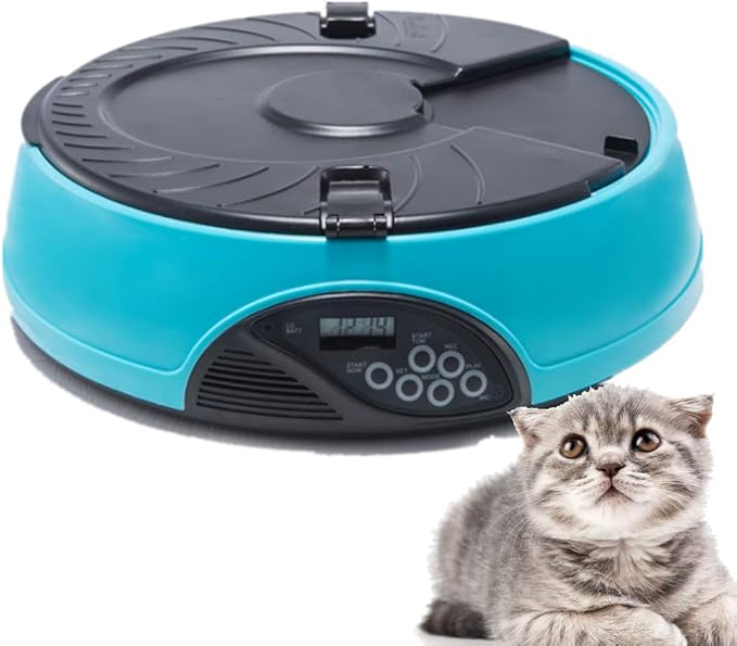 6 Meal Automatic Pet Feeder with Programmable Timer,Food Dispenser,Portion Control,with Voice Remind,LCD Smart Self Feeder for Cats Dogs and Rabbits,Blue