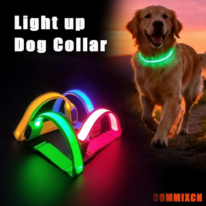 COMMIXCN Green LED Light Up Dog Collar, High Visibility Reflective Pet Collar, Adjustable Universal for Dogs & Humans, for Large Medium Small Dogs