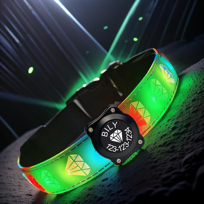 Customlized USB-C led Light up Night Walking Dog Collar with Waterproof airtag Holder, 4 Modes Running Flashing Light (Green, S(7.87-11.8"))