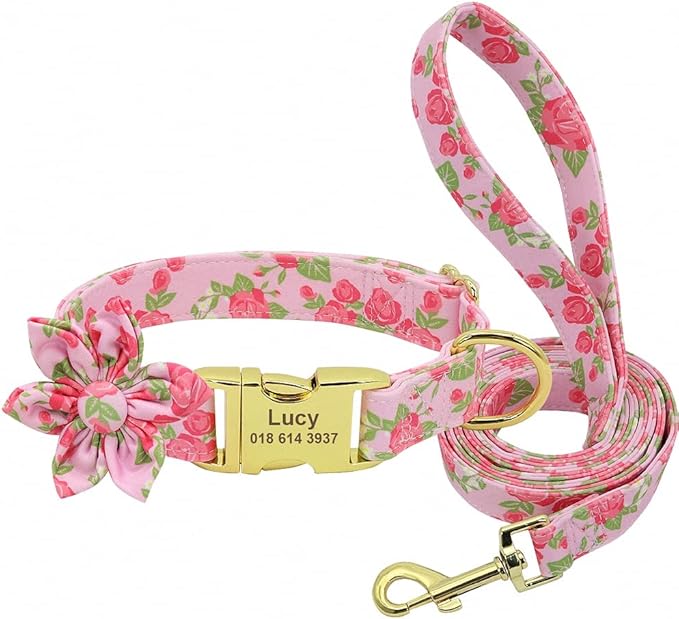 Flower Custom Dog Collar Leash Floral Printed Nylon Pet Dog Collars Lead Personalized Puppy Collars for Small Medium Large Dog 151 Pink Set M