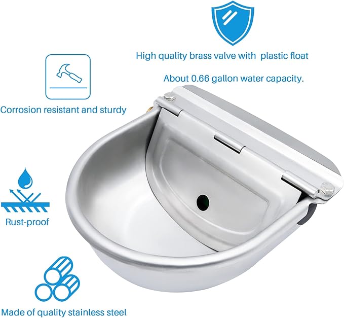 Automatic Dog Water Bowl Dispenser, Large Breed, Outdoor, Stainless Steel, Auto Fill, Pet Waterer, Drinking Trough for Dogs, Horse, Goat, Chicken, Pig, Cattle, 0.66 Gallon Capacity