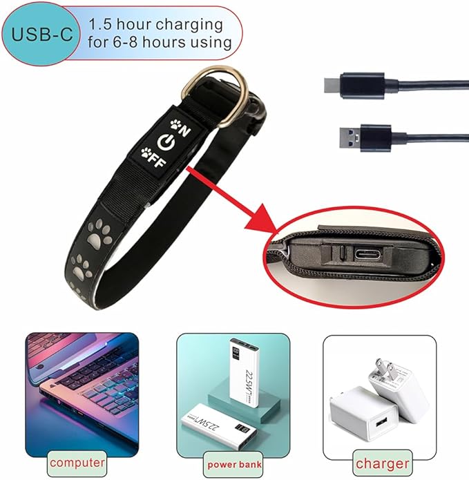 USB-C led Light up Dog Collar, 3D Design Comfortable and Soft Material,Multicolored Lighting，Night Dog Collar (PW-Green, XS(7.87-11.8"))