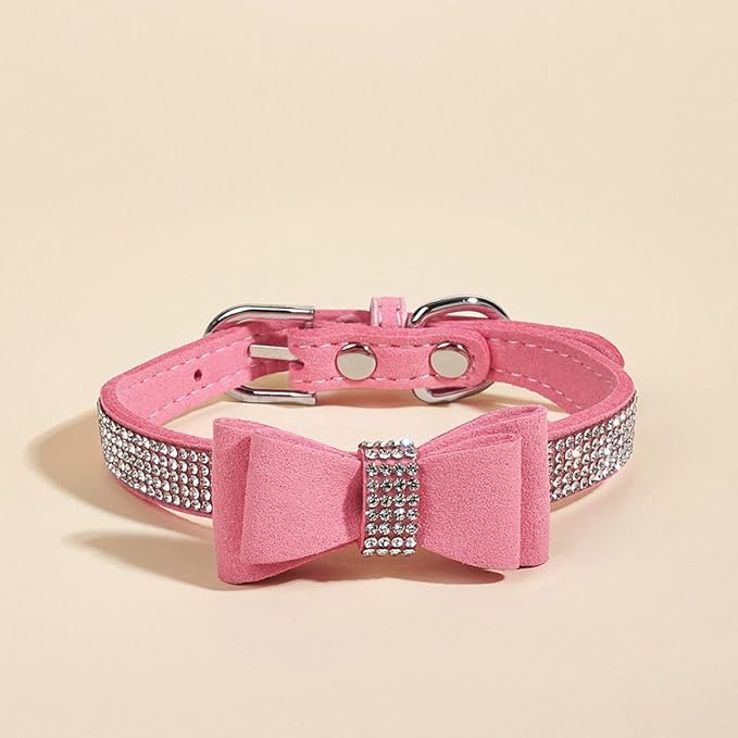Rhinestone Dog Collar with Bowknot Adjustable Pink Pet Neck Ring Xs 30×1.5cm for Small Cats and Dogs Training Accessories