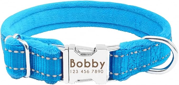 Dog Collar Personalized Reflective Large Dog Collars Nylon Adjustable Costomized Collar for Small Medium Big Dogs Pet Pitbull Blue M