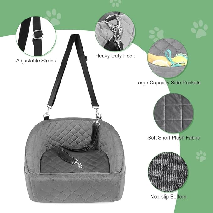 Dog Car Seat, Pet Booster Seat Elevated Dog Travel Carrier Bed with Washable Removable Cover and Storage Pockets for Small & Medium Dogs Pets (Grey)