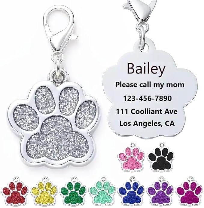 Cute Personalized Pet Name Tags - Glitter Custom Pet ID, Dog ID Tags Engraved, Paw-Shaped Small: Green