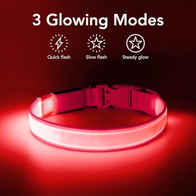 LED Dog Collar Light Up Dog Collars Red Light USB Rechargeable, Adjustable Size Heavy Duty TPU Nylon Webbing Glow Safety Basic Dog Collars for Large Medium Dogs (M,Candy Pink)
