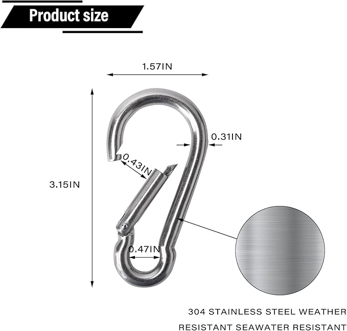 Large Spring Snap Hook Carabiner, 304 Stainless Steel Heavy Duty Carabiners Clip, Stainless Steel Spring Snaps Hooks Carabiners Outdoor