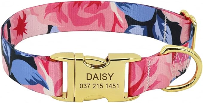 Fashion Custom Dog Collar Personalized Pet Collars Nylon Flower Print Dog ID Collars Engraved Name for Small Medium Large Dog Rose Red M