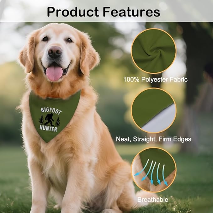 Sasquatch Hunter Green Dog Bandana, Funny Puppy Scarf Photo Prop for Adventure Hiking Camping, Sasquatch - Themed Pet Scarf Present for Outdoor Forest, Christmas Birthday Gifts for Dog Lover
