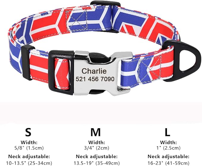 Personalized Dog Collar Nylon Print Dog Collars Customized Puppy Pet Collar Engraved Name ID for Small Medium Large Big Dogs Pug 160 Blue L