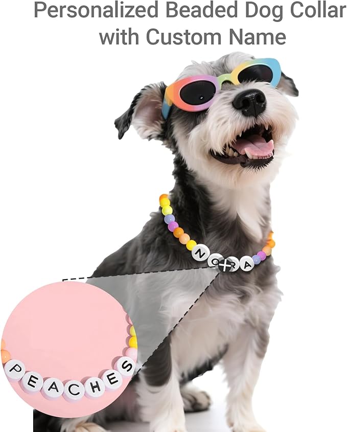 Personalized Beaded Dog Collar with Custom Name & Free Matching Bracelet - Adjustable Rainbow Pet Necklace Collar for Cats Dogs | Pet Lover Gift (#B)