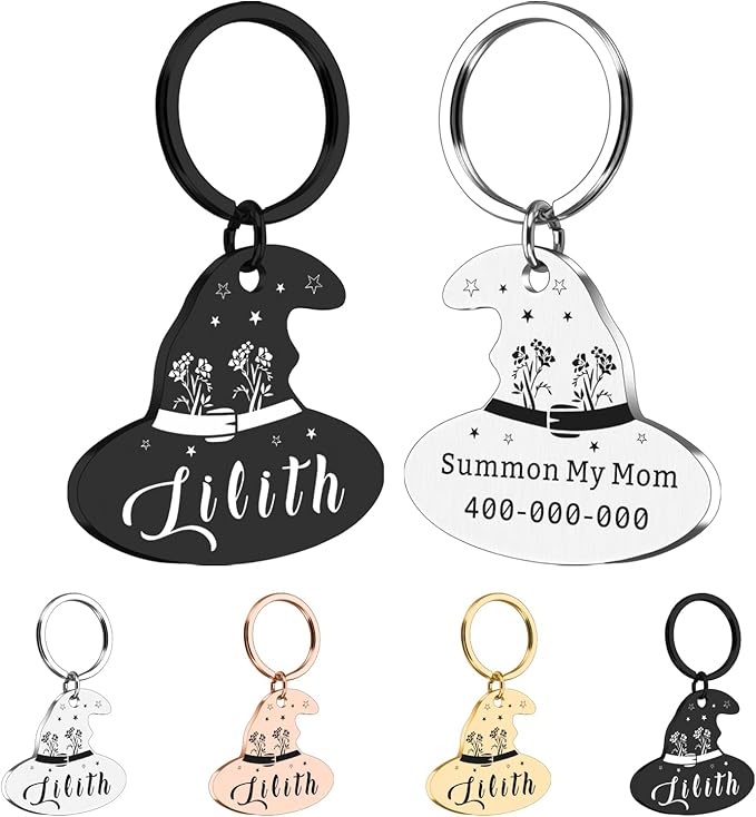 Personalized Halloween Cat Collar Tag – Goth Ghost Bat Pet ID Tags for Dogs & Cats, Spooky Accessories, Boo Basket Stuffers, Summon My Mom Dad, Cute Fall Gifts for Pets (Magic Hat-Shaped ID Tag)