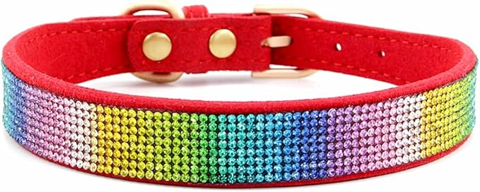 Haoyueer Rhinestone Dog Collar, Cute Dazzling Sparkling Soft Suede Leather Dog Cat Rhinestone Collar Crystal Diamond Pet Dog Puppy Collar (L, Red-3)