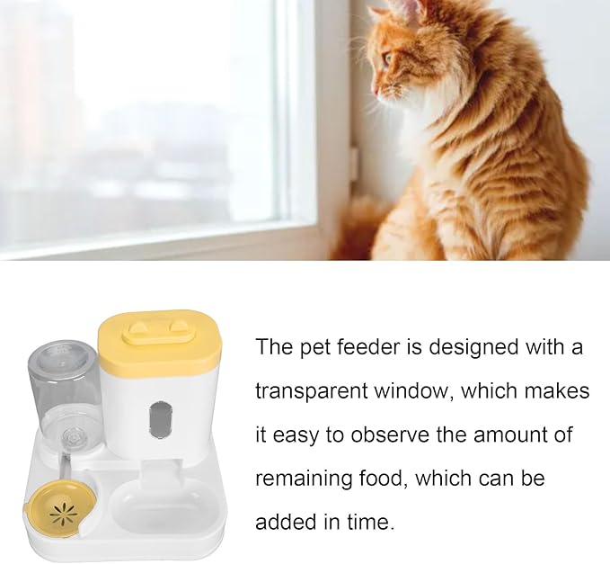 Pet Food Water Dispenser, 2 in 1 Large Capacity Detachable Automatic Cat Waterer Feeder, Gravity Cat Feeder and Water Dispenser Dog Feeder Waterer for Dog Puppy(Yellow)