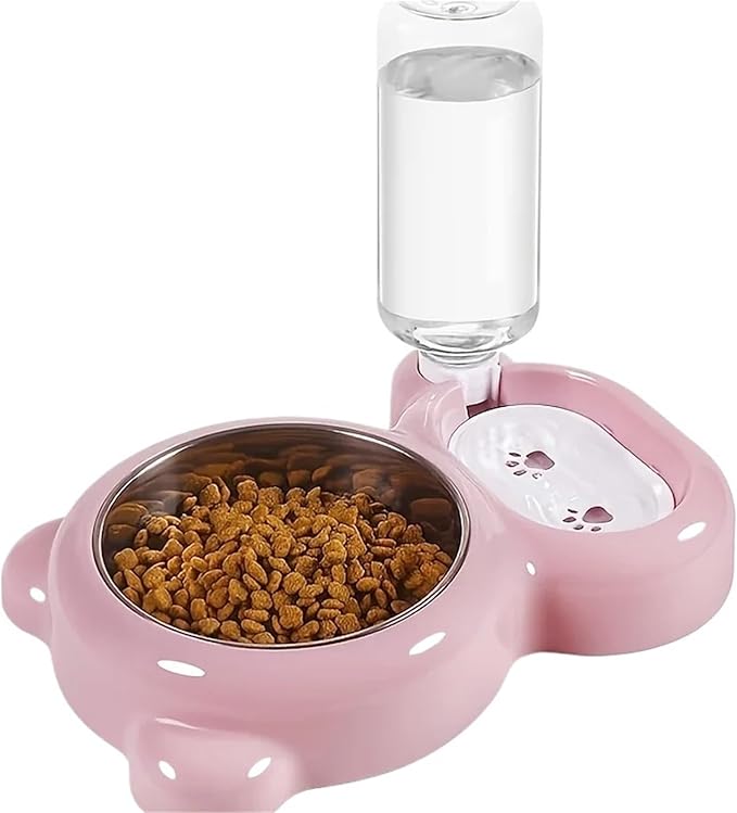 Compatible for Cats and Dogs, Automatic Water Dispenser Bottle with Double Feeding Bowl Set(Pink)