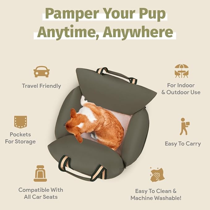 Car Seat & Dog Bed | Waterproof Booster Seat for Small & Medium Dogs Up to 30 Lbs | Easy to Carry with Handles & Storage Pockets (Olive)