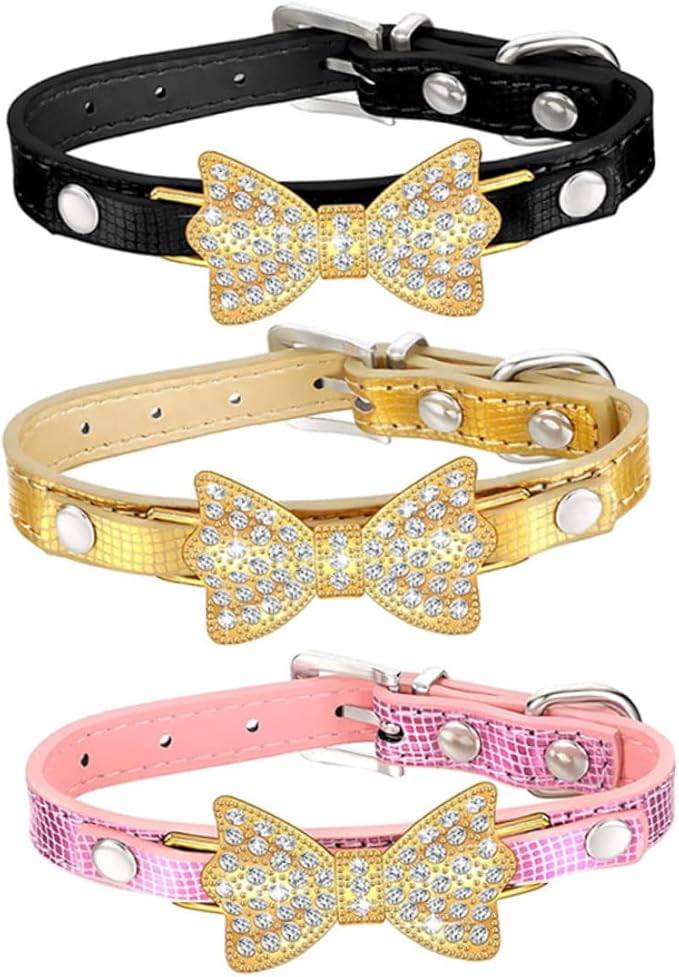 ERINGOGO 3Pcs PU Rhinestone Bowknot Pet Collar Set Small Size Mixed Colors Decorative Bow Pet Neck Collar for Dogs and Cats for Daily Wear