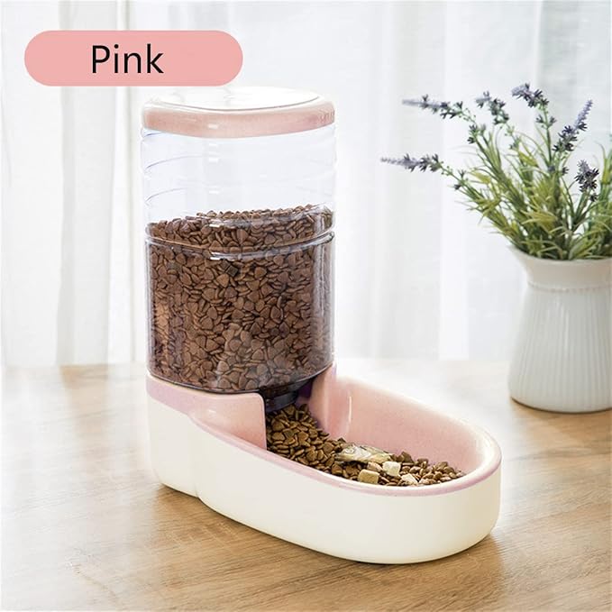 Automatic Cat Feeder Gravity Dog Feeder 1 Gallon Pet Feeder, Self-Dispensing Pet Feeder Bowl for Small and Medium Sized Pets Large Capacity (Pink)