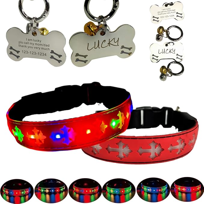 LED Dog Collar with ID Tag Set, Glowing Cross Pattern, Multiple Colors, Silicone Material (RED Pro, M(11.8-15.7"))