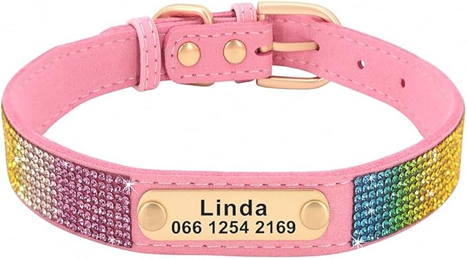 Custom Crystal Dog Collar Soft Leather Pet ID Collar Personalized Rhinestone Collars Adjustable for Small Medium Large Dogs Cat Pink XS